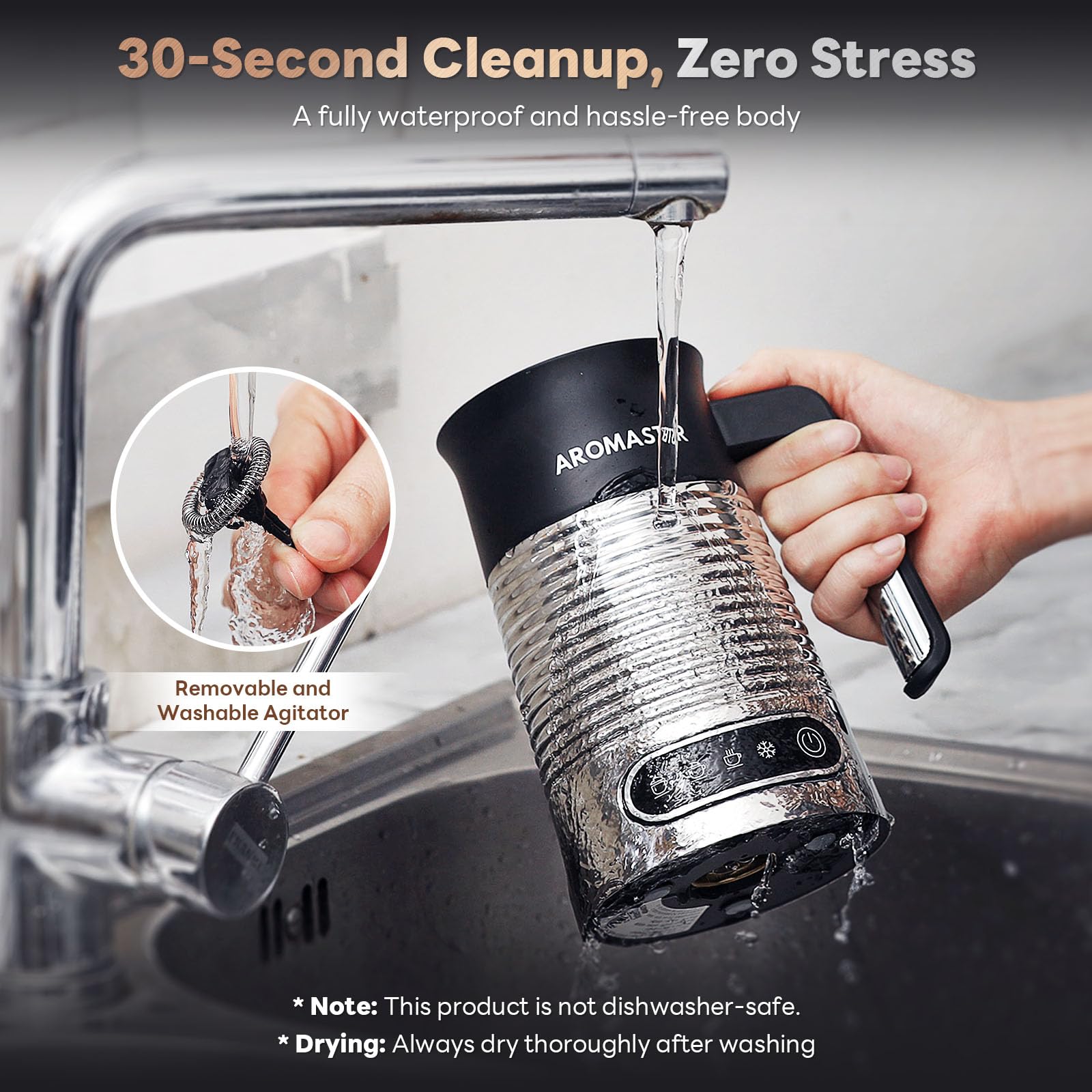 Aromaster frother creating dense hot foam for latte art