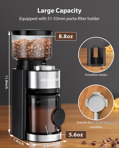 Aromaster portafilter holder 51-53mm enables direct grind into the portafilter.