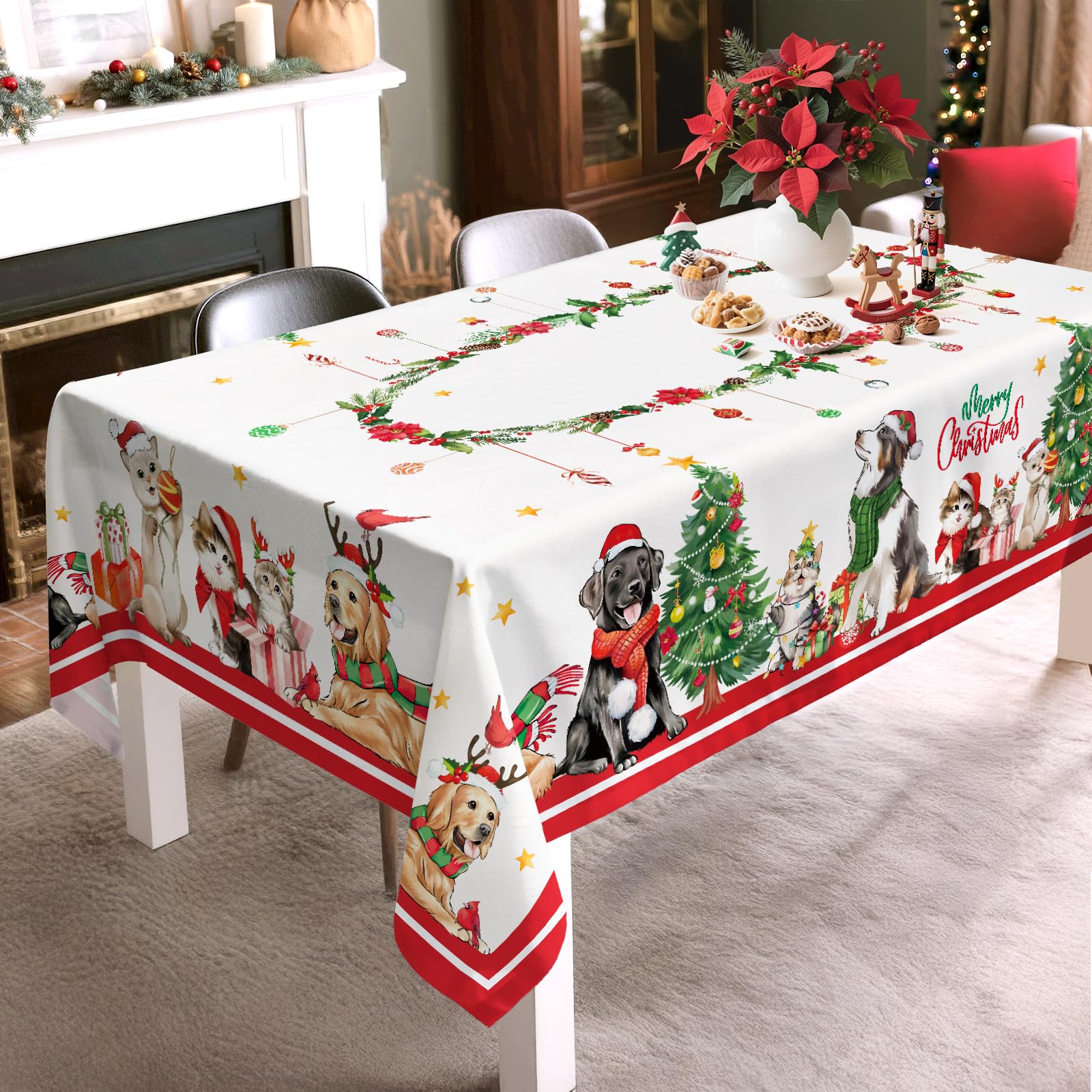 Arquiel Christmas Cats Dogs tablecloth on dining table enhances ambience