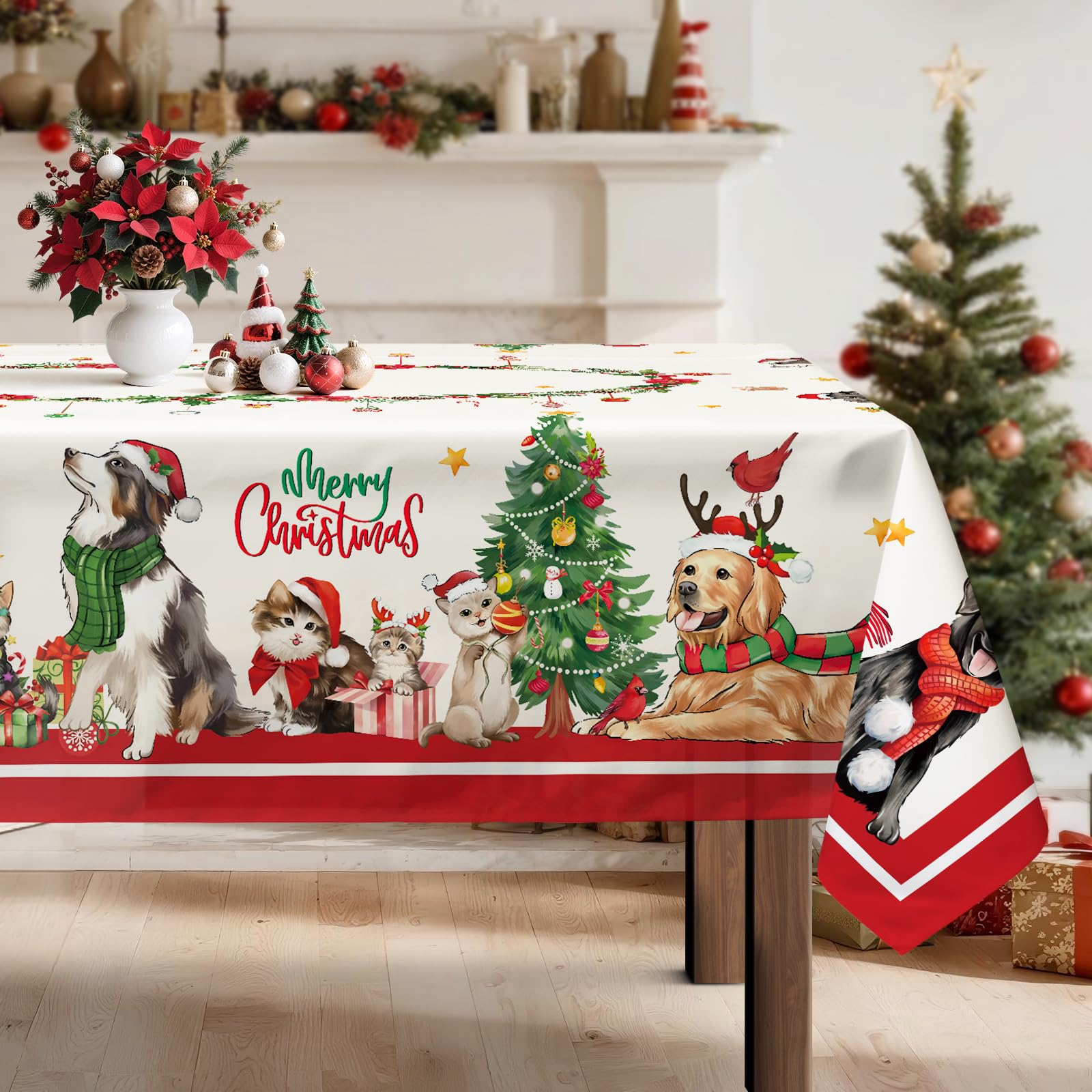 Arquiel Christmas Cats Dogs tablecloth with rectangular pattern elevates festive dining