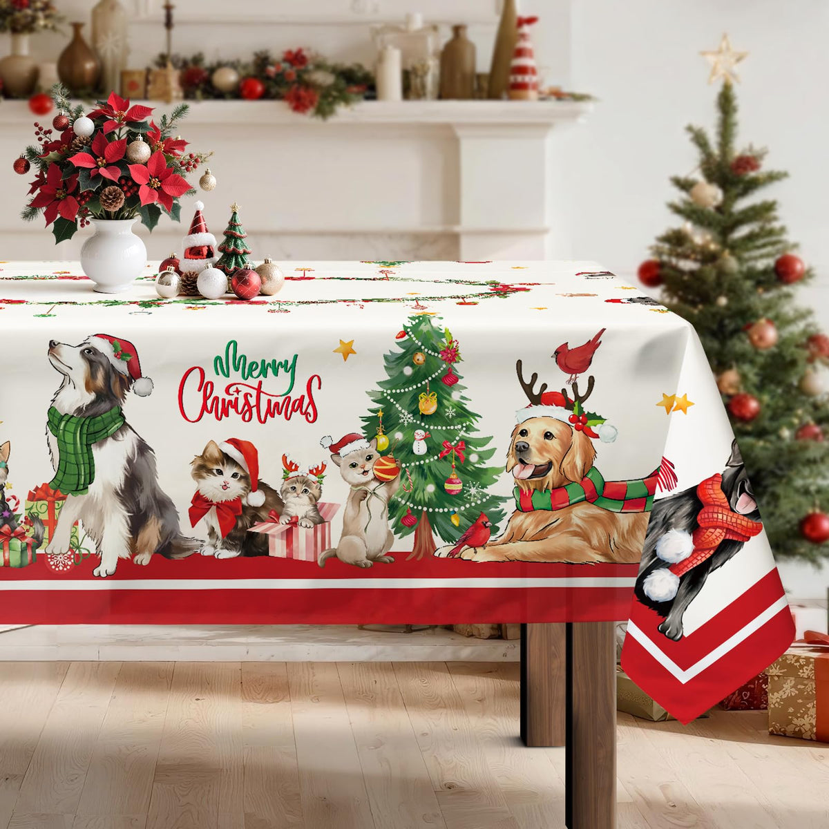 Arquiel Christmas Cats Dogs tablecloth with rectangular pattern elevates festive dining