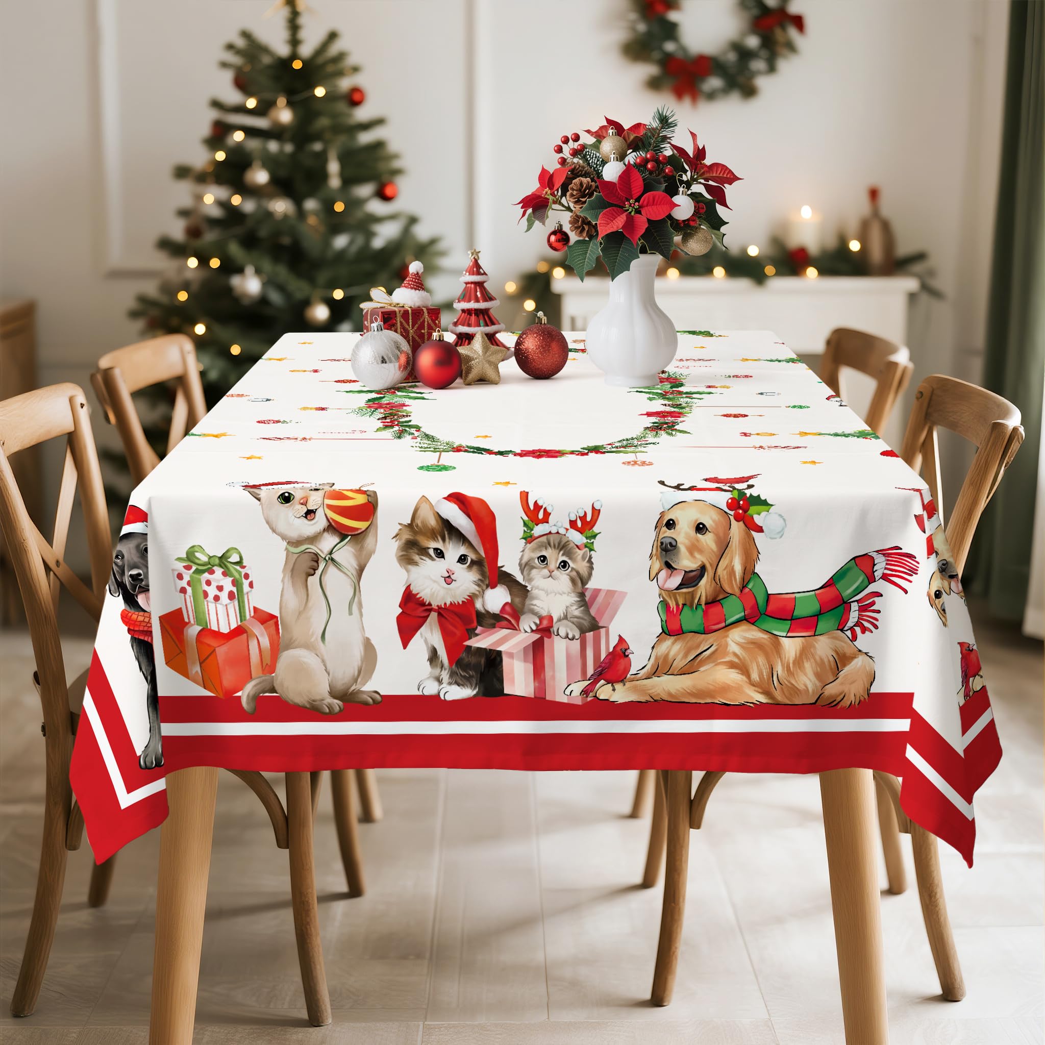 Arquiel tablecloth on red decor brightens winter celebrations