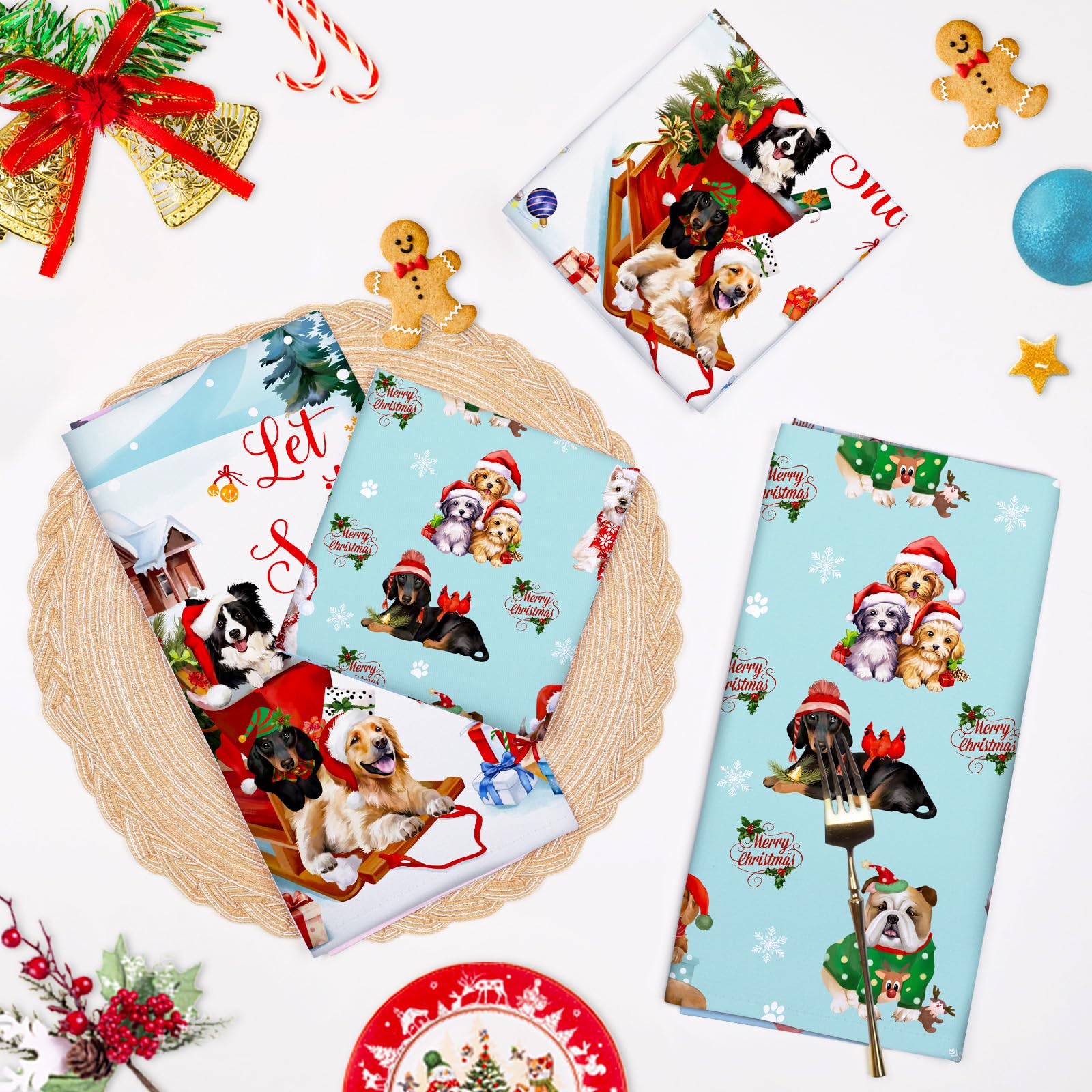 Arquiel Christmas Dogs Tea Towel, durable 100% cotton, suitable for light cleaning tasks.