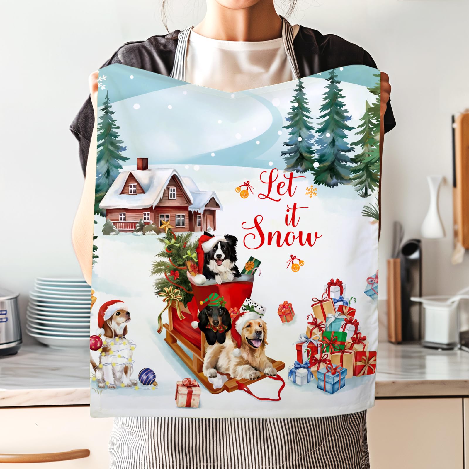 Arquiel Christmas Dogs Tea Towel set displayed together, versatile as dishcloths or decorative accents.
