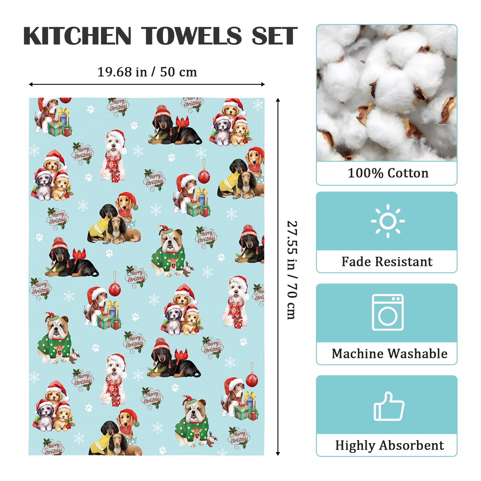 Arquiel Christmas Dogs Tea Towel, machine washable for busy kitchens.