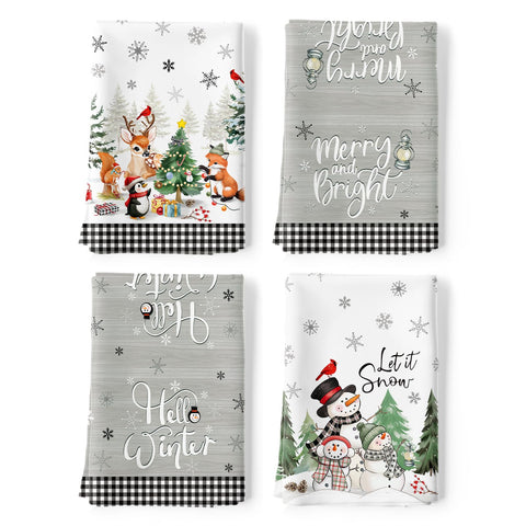Arquiel Christmas snowman towels with woodland pattern for festive, quick-drying kitchen décor.