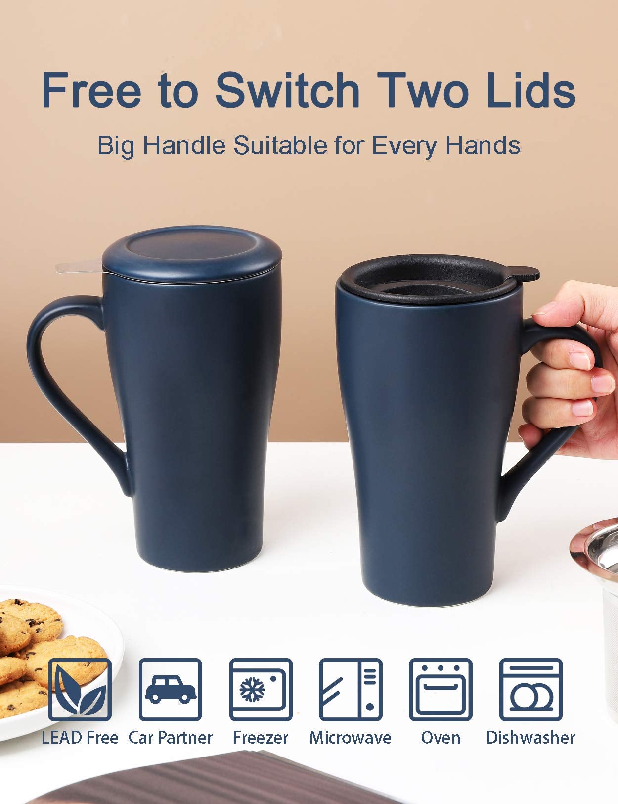 ARRADEN ceramic mug with two lids offering versatility for home, office, or travel.