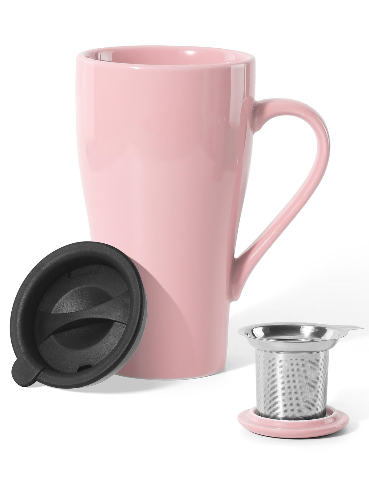 ARRADEN tea cup pink infuser lid: a stylish mug for loose leaf tea at home.