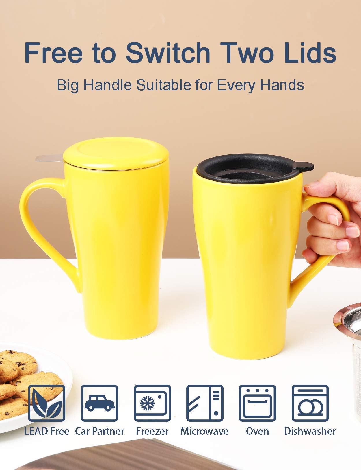 ARRADEN tea mug with two lids for home and travel versatility