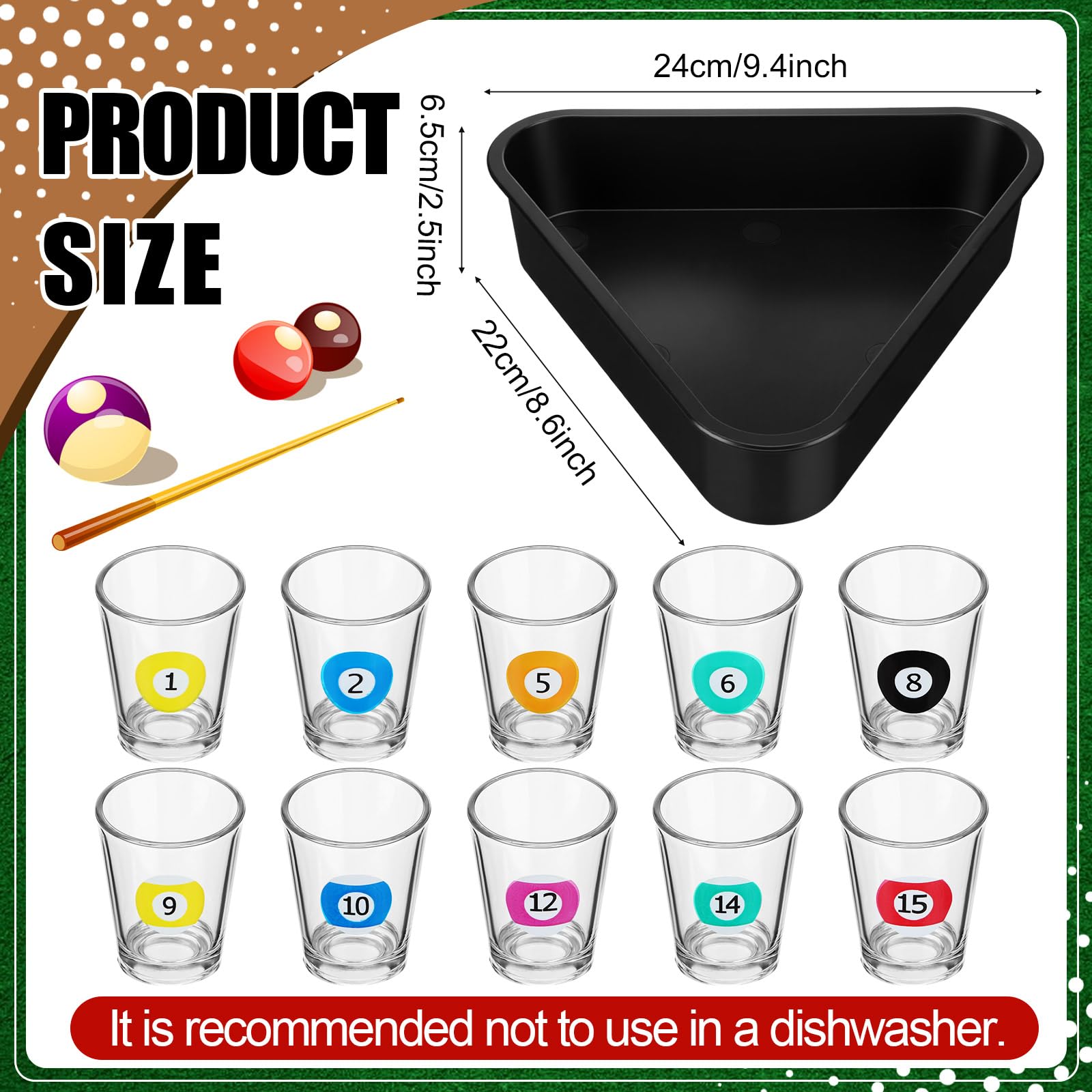 Arrowbash pool ball glasses resting in a triangular tray for organized display