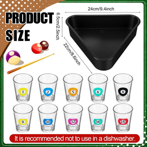 Arrowbash pool ball glasses resting in a triangular tray for organized display