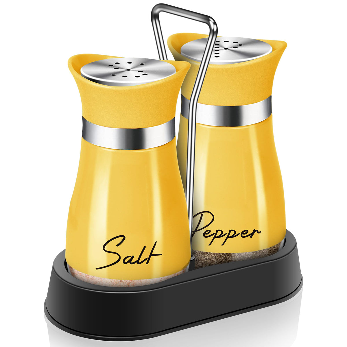 Arrozon yellow salt and pepper shakers in holder for portable kitchen decor.