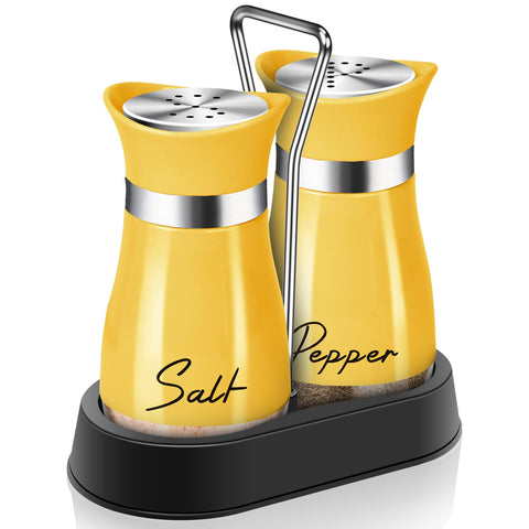 Arrozon yellow salt and pepper shakers in holder for portable kitchen decor.
