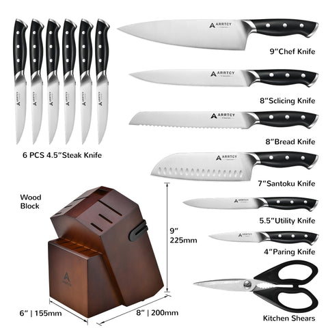 Arrtcy 9-inch chef knife close-up reveals high-carbon steel for easy slicing.
