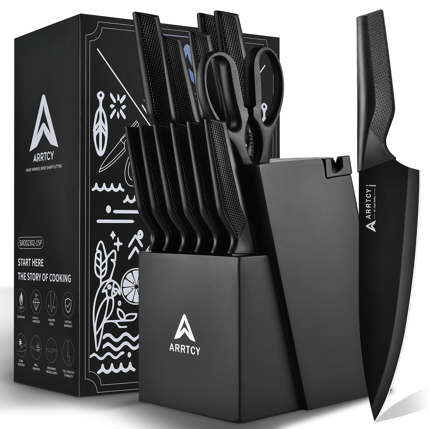 Arrtcy knife set with block and built-in sharpener for quick edge maintenance