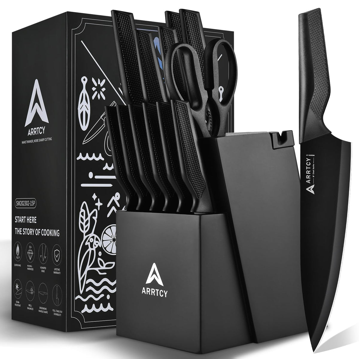 Arrtcy knife set with block and built-in sharpener for quick edge maintenance