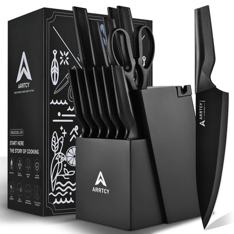 Arrtcy knife set with block and built-in sharpener for quick edge maintenance