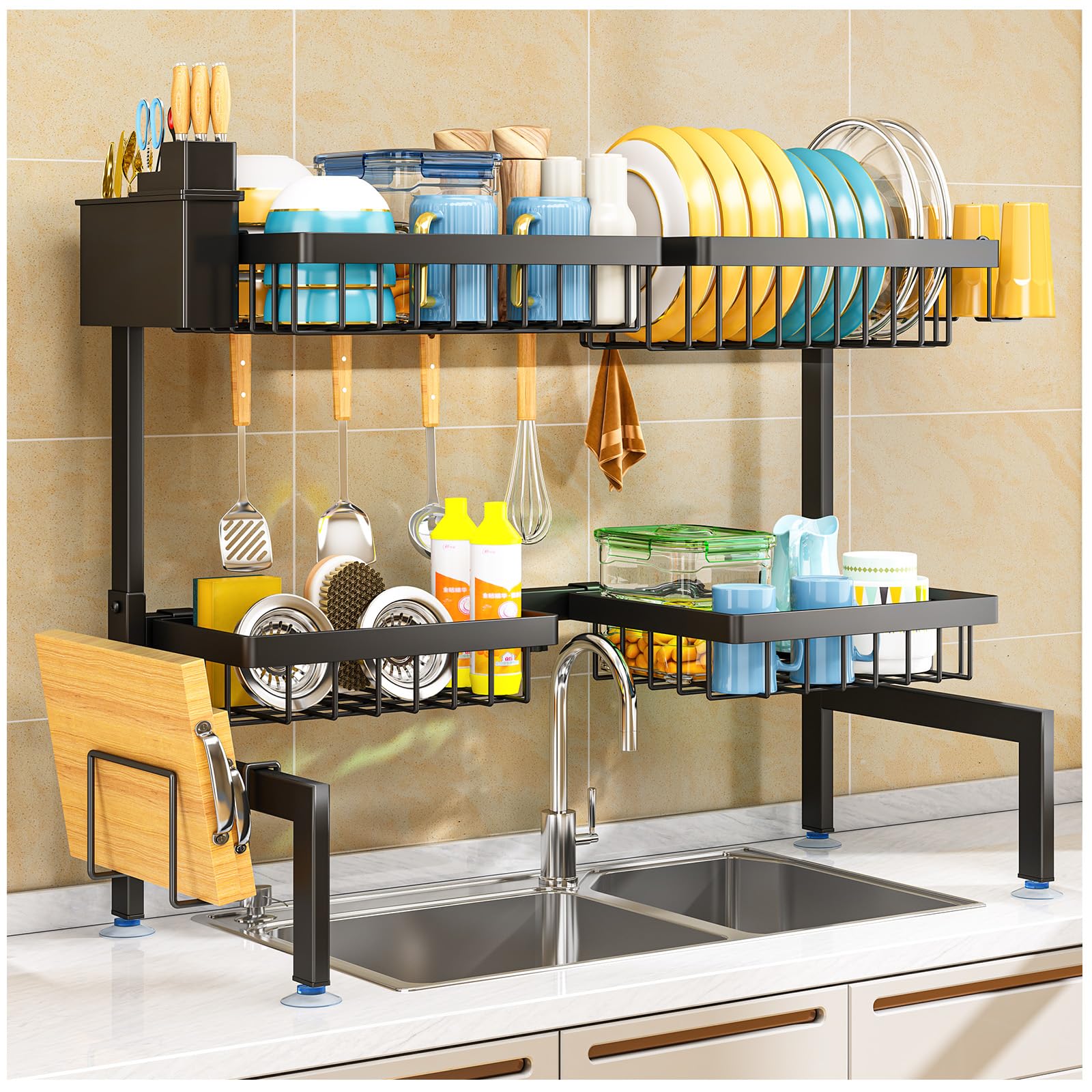 ARSTPEOE two-tier four-basket sink drying rack in use, maximizing countertop space.