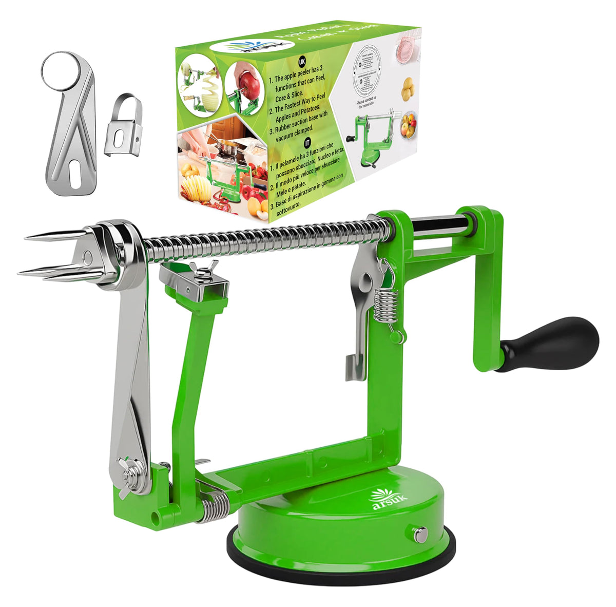 ARSUK Apple Peeler Corer Slicer 3in1 in action on fresh fruit.