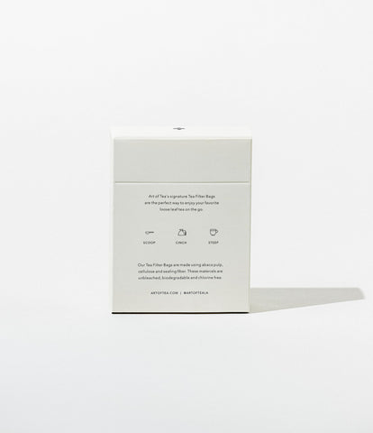 Art of Tea drawstring closure on filter bag for quick secure steep.