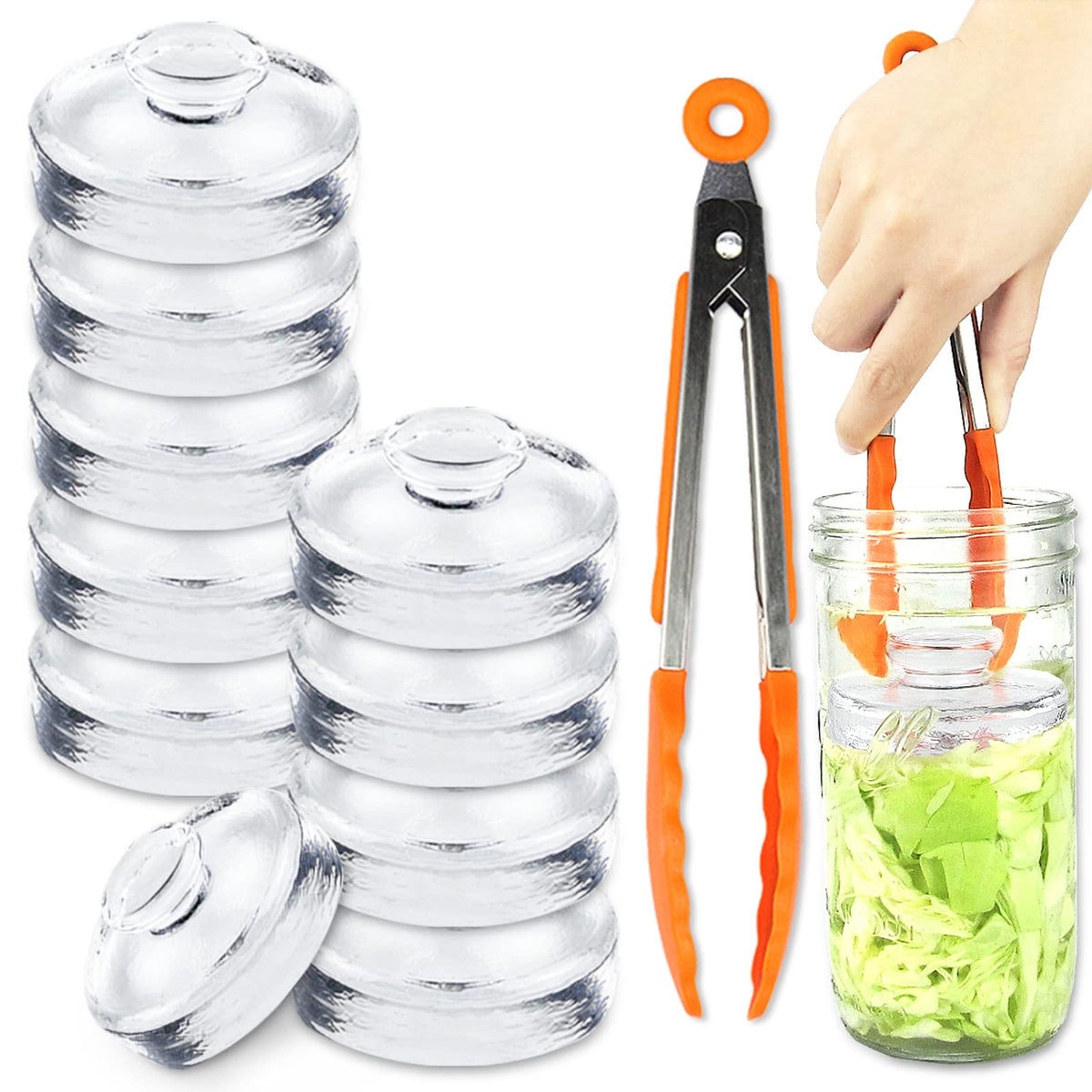 Artcome glass fermentation weights with easy grip handle submerged in brine