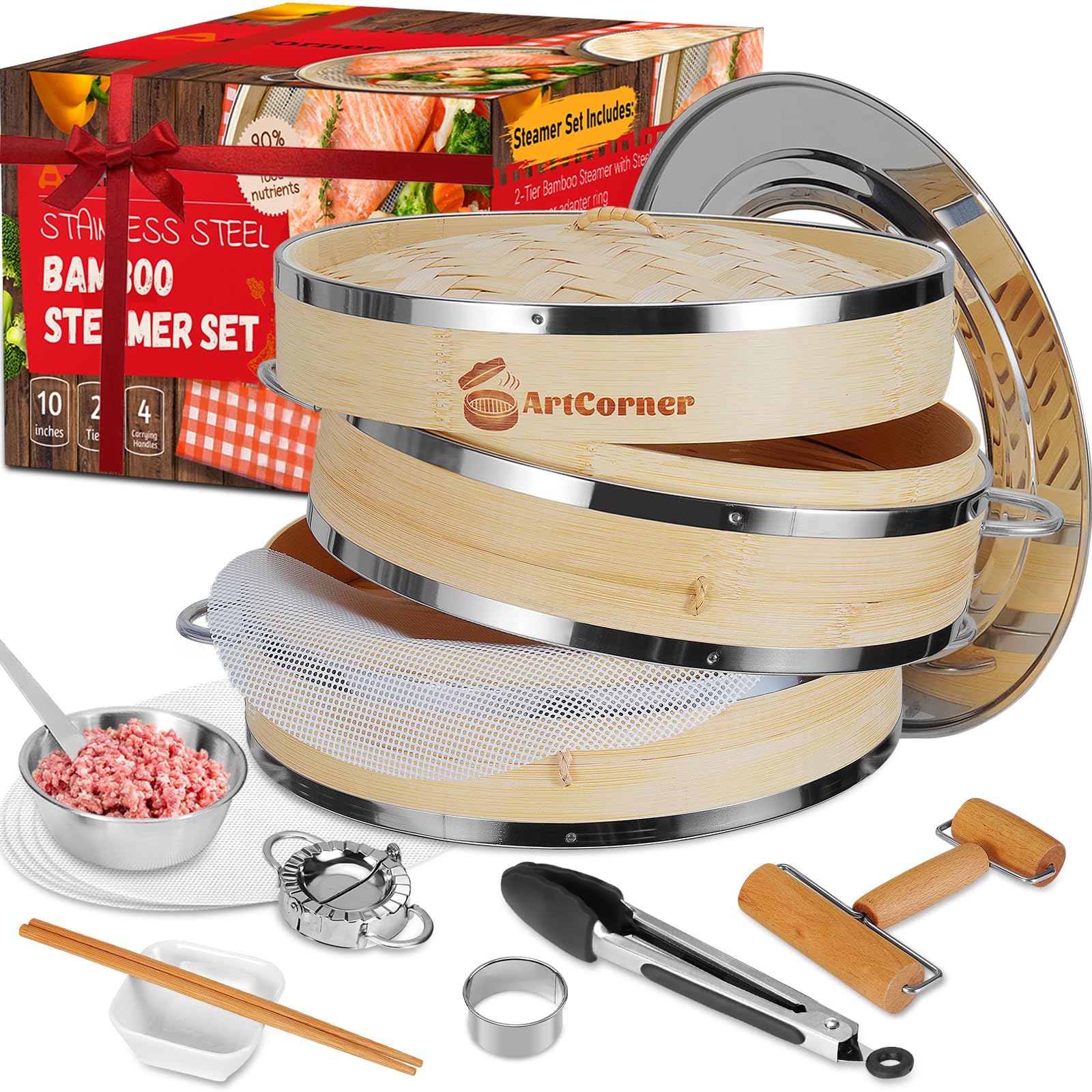 Artcorner 2-Tier Bamboo Steamer Basket 10 Inch in use for oil-free dumplings and vegetables.