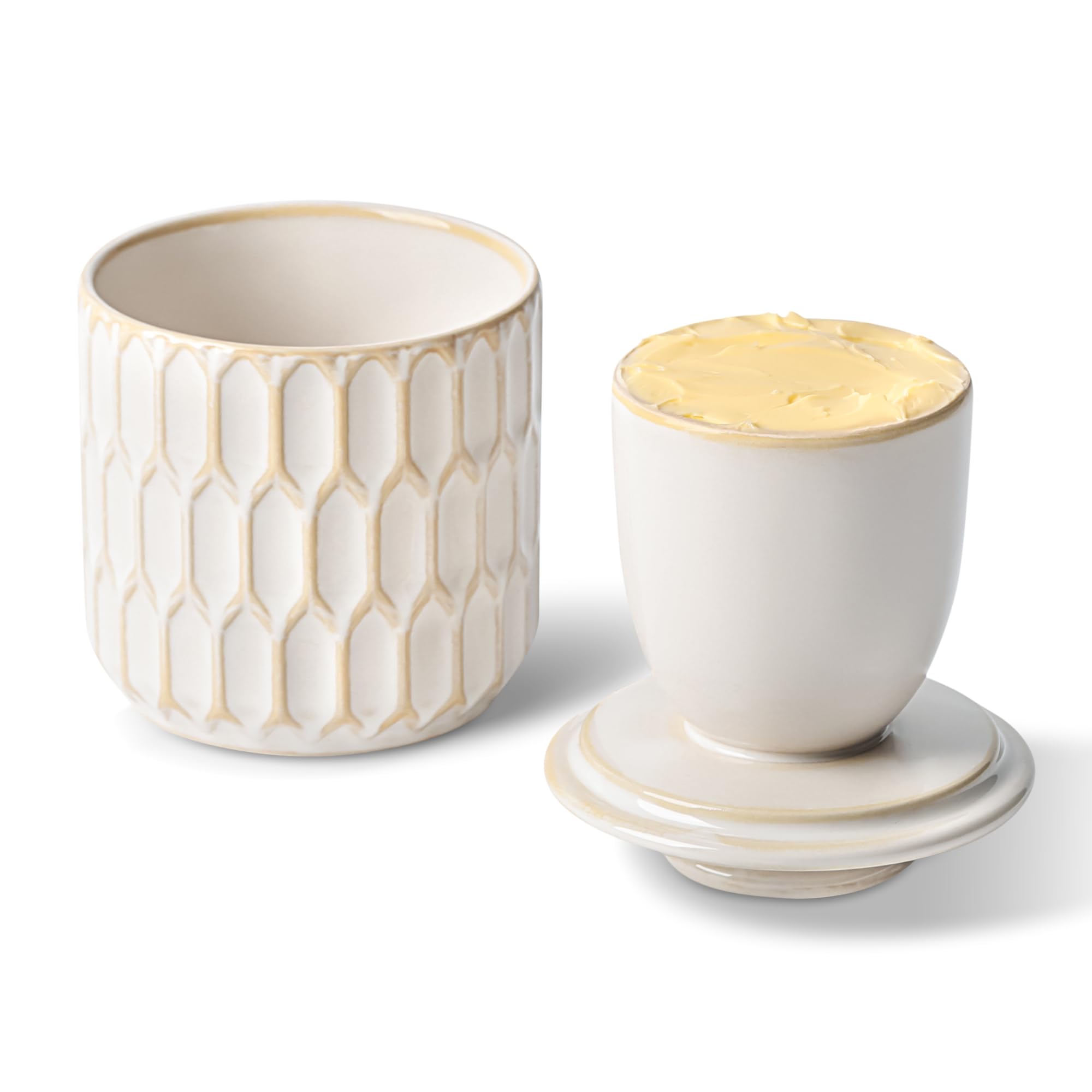 ArteBake butter crock with water line showing soft, spreadable butter on the counter
