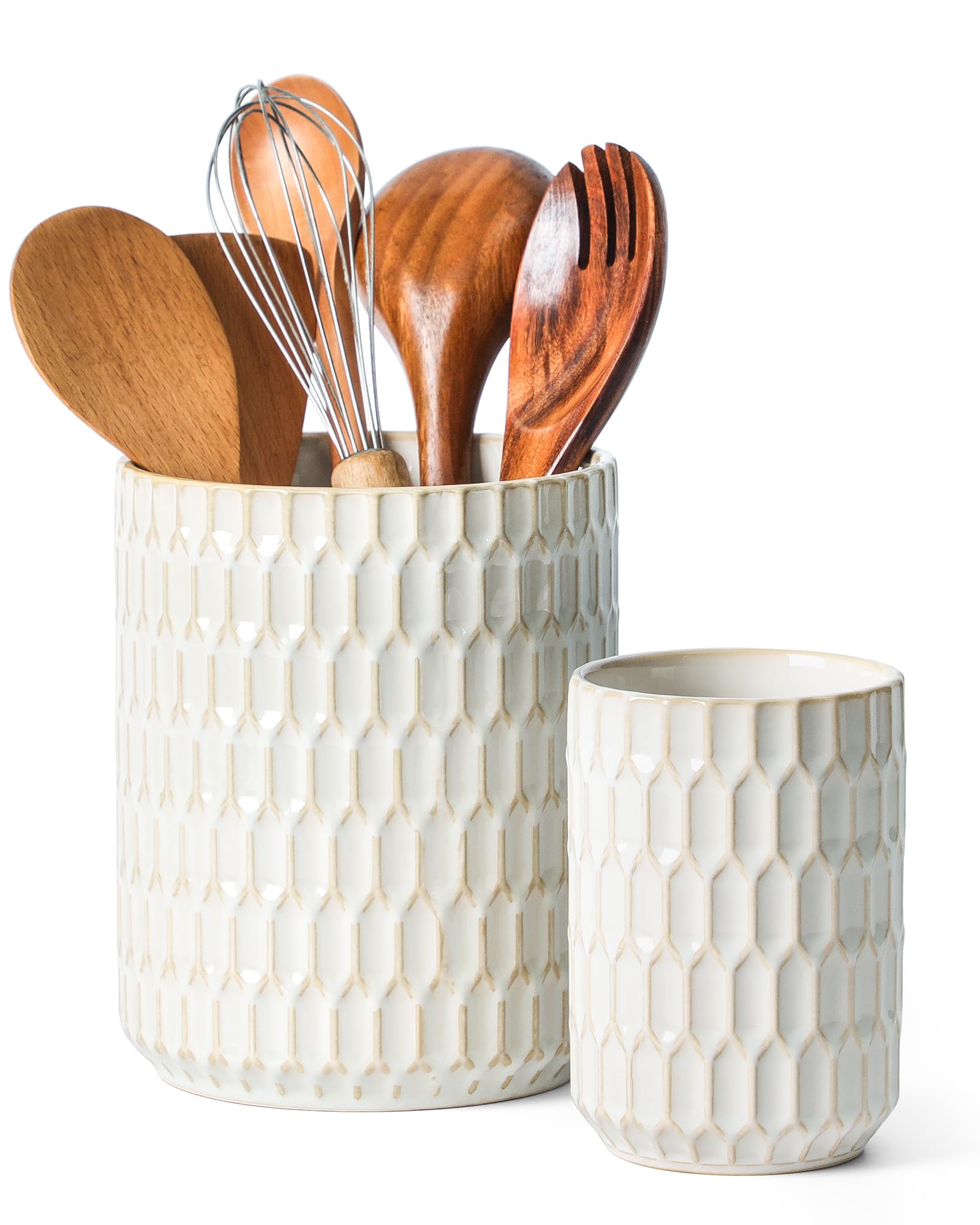 ArteBake large beige utensil holder on counter keeps spatulas within reach.