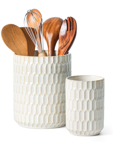 ArteBake large beige utensil holder on counter keeps spatulas within reach.