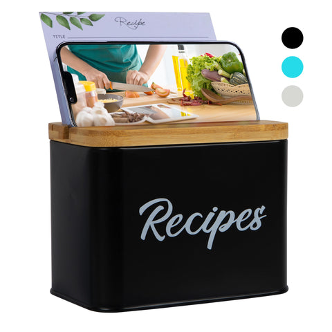 ArtEight black recipe box exterior shows sturdy, organized storage for recipes.