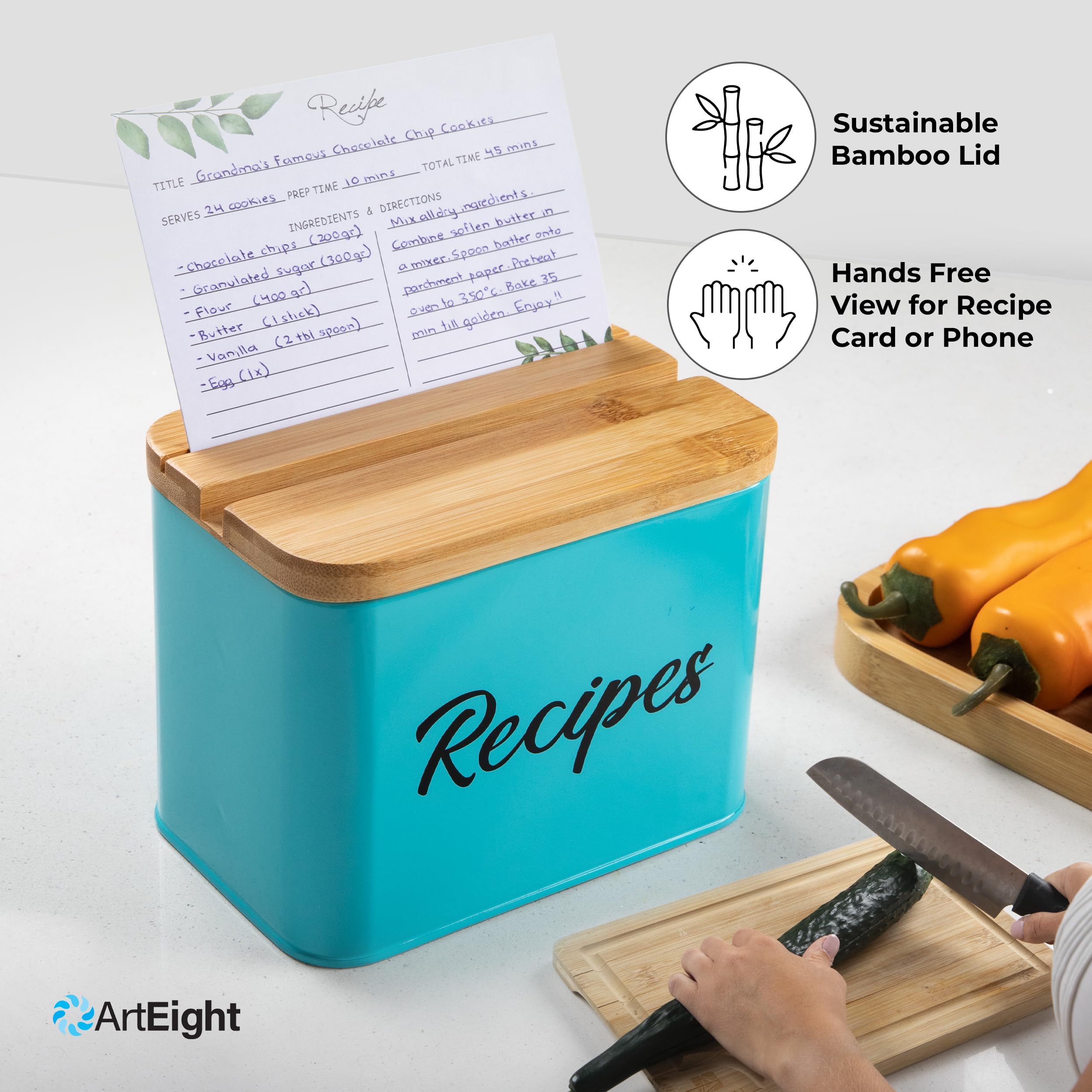 ArtEight lid slots hold recipes or phone for viewing.