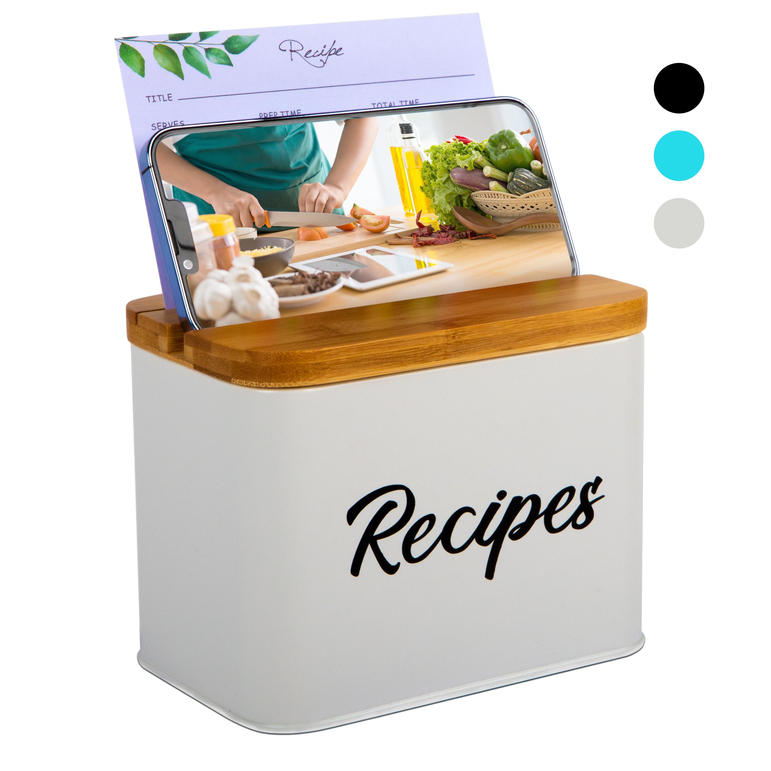 ArtEight Recipe Box White, lid open, displaying organized recipes.