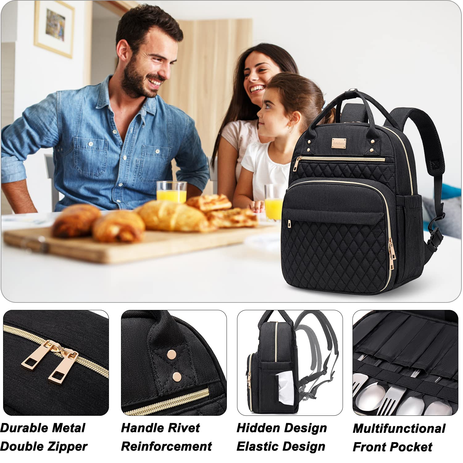 Artelaris lunch backpack side pocket view showing extra storage for snacks