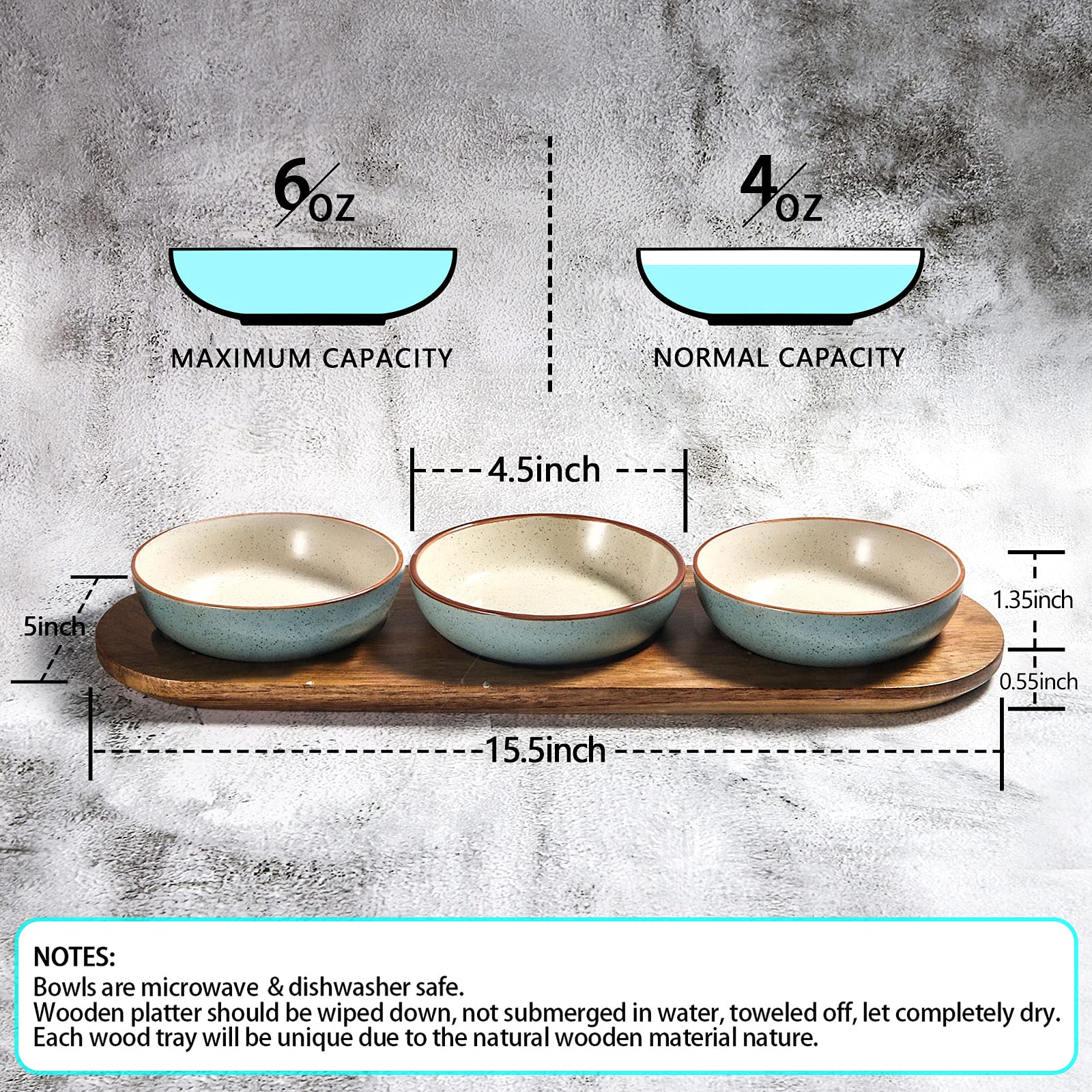 Artena acacia wood tray pairs with turquoise bowls for stable serving