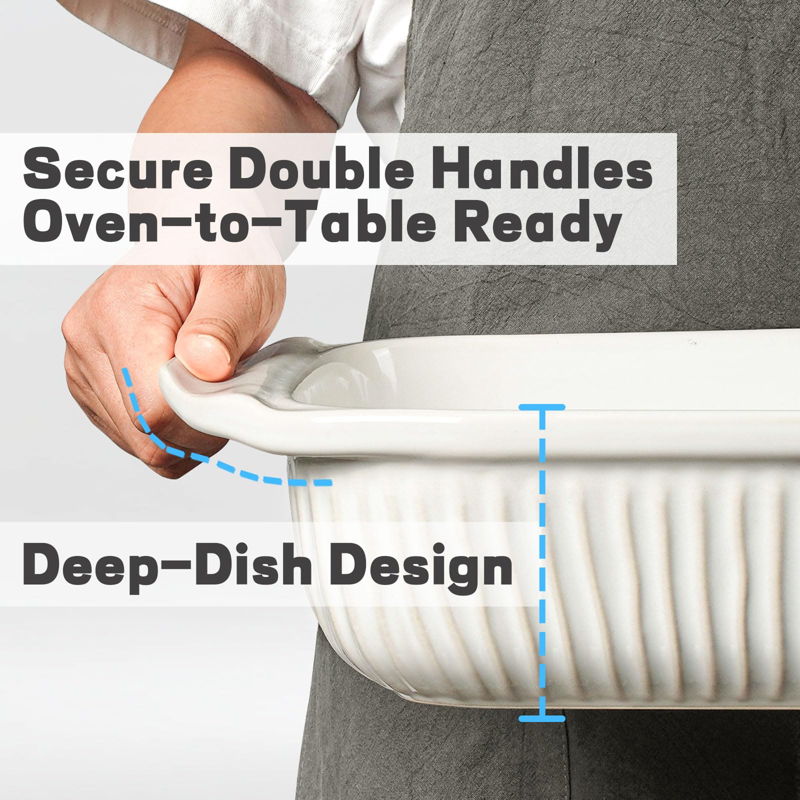 Artena baking dish wide handles provide easy, safe transfer from oven to table.