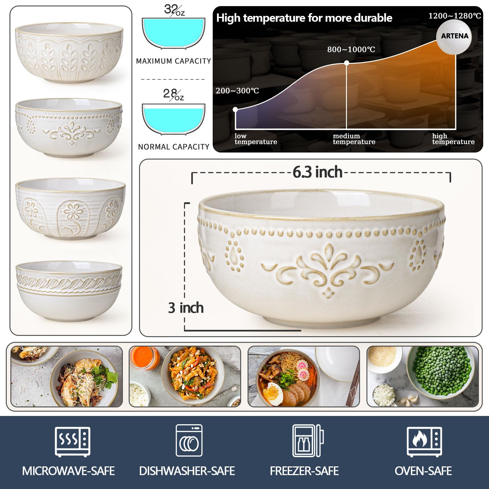 Artena ceramic bowls offer large capacity for salads, soups, and cereals.