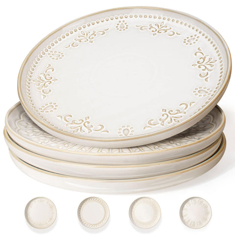 Artena large ceramic dinner plate features an embossed pattern to enhance food presentation.