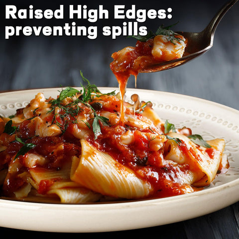 Artena plates with lipped edges prevent spills and hold sauces and solids neatly.