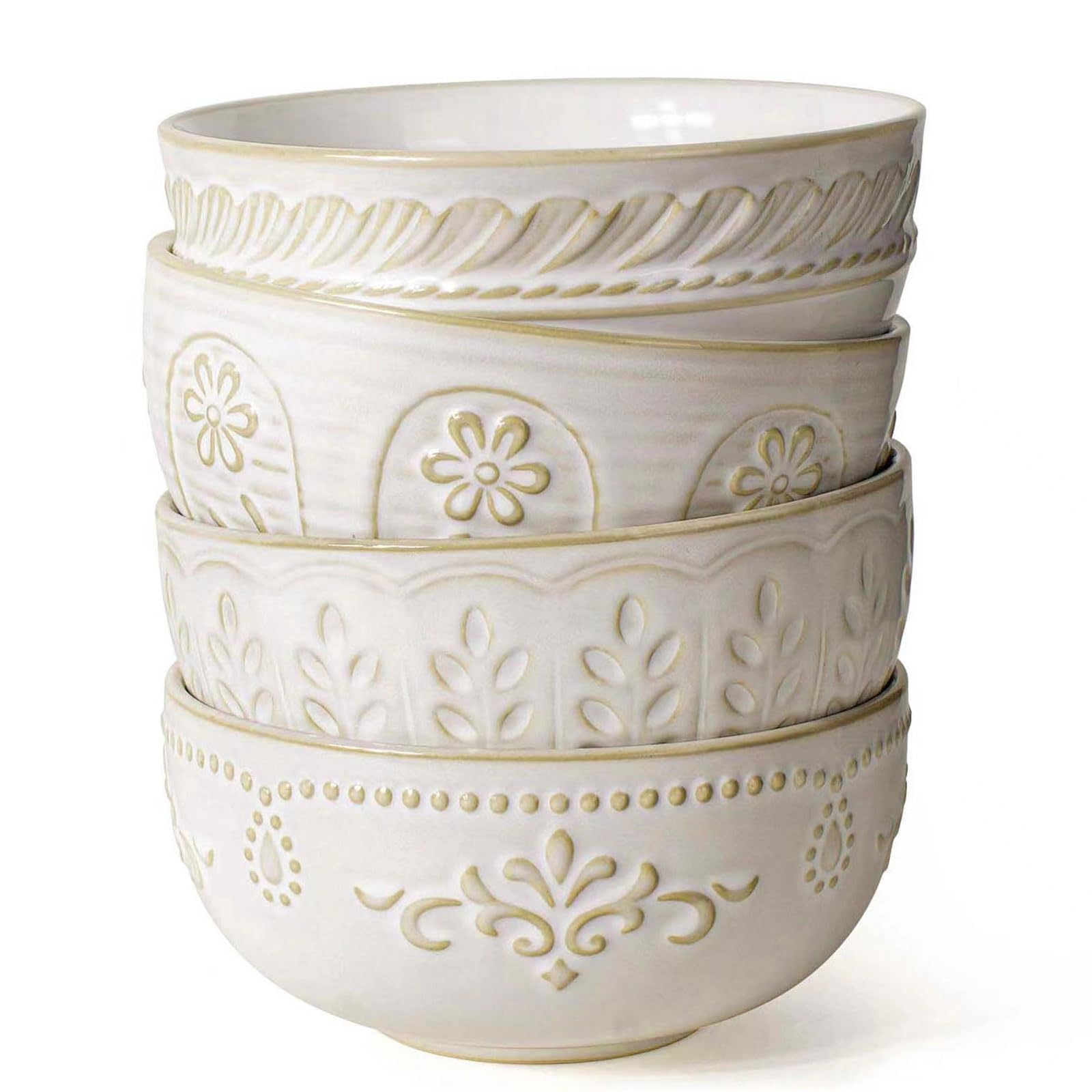 Artena 32oz soup bowls with an embossed pattern for elegant serving.