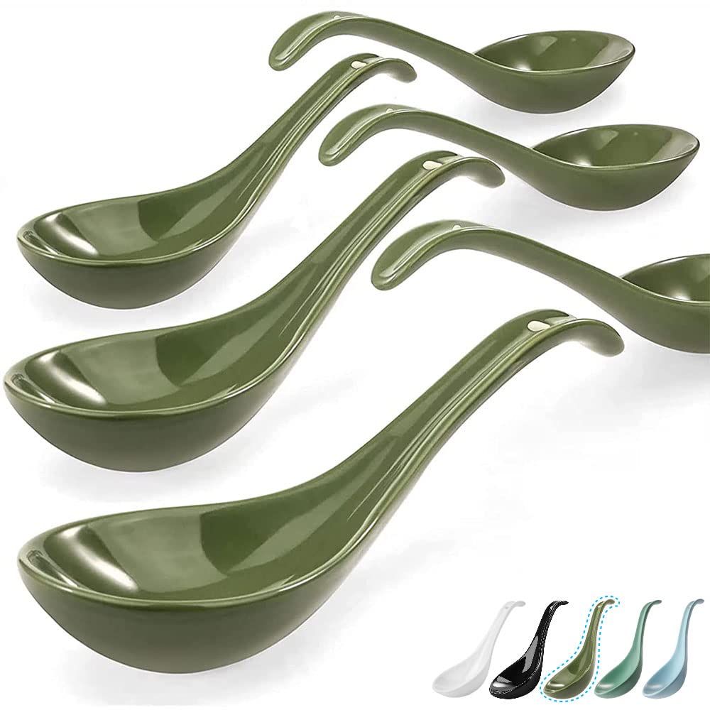 Artena solid porcelain spoon set offers a 6.75-inch reach for hot broth.