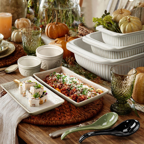 Artena stackable spoons save space and pair with elegant tableware.