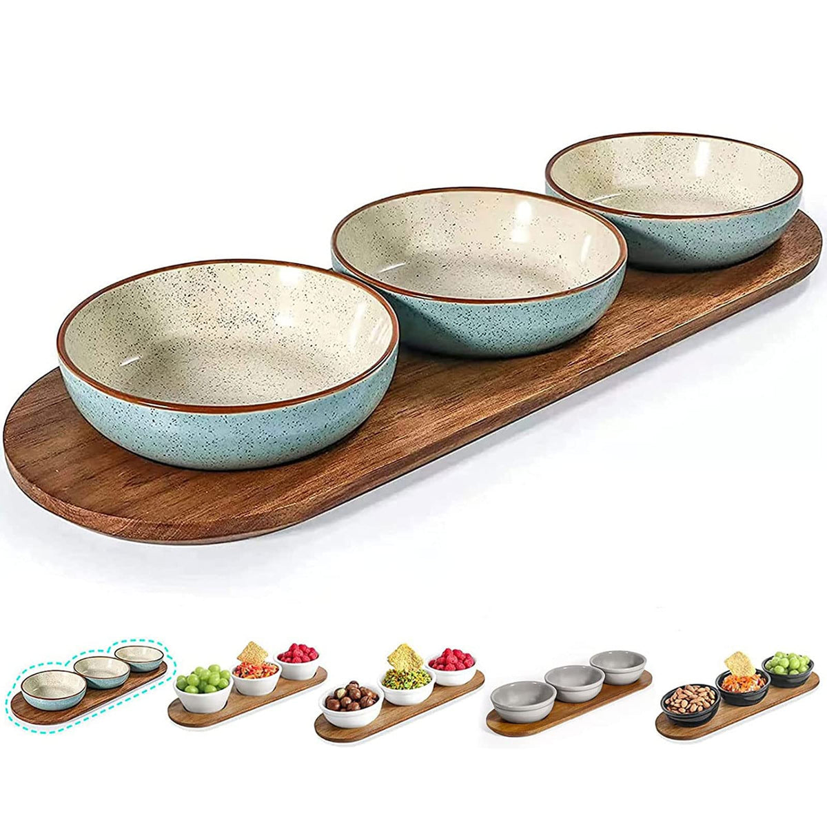 Artena turquoise ceramic chips and dip platter on acacia wood tray for stylish entertaining