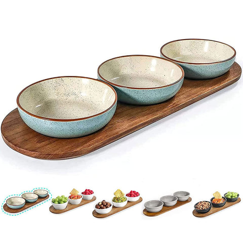 Artena turquoise ceramic chips and dip platter on acacia wood tray for stylish entertaining