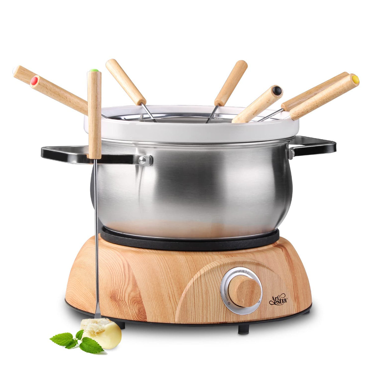 Artestia 1500W fondue base heats quickly for smooth melted chocolate and cheese.