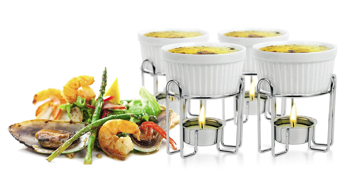 Artestia butter warmer bowls in white ceramic for seafood and fondue.
