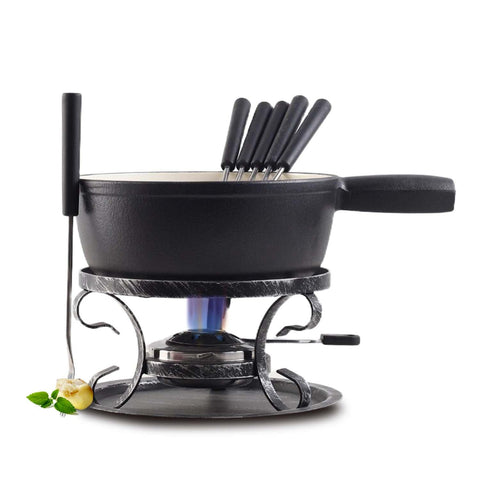 Artestia cast iron fondue pot on table ready for cheese fondue and gatherings.