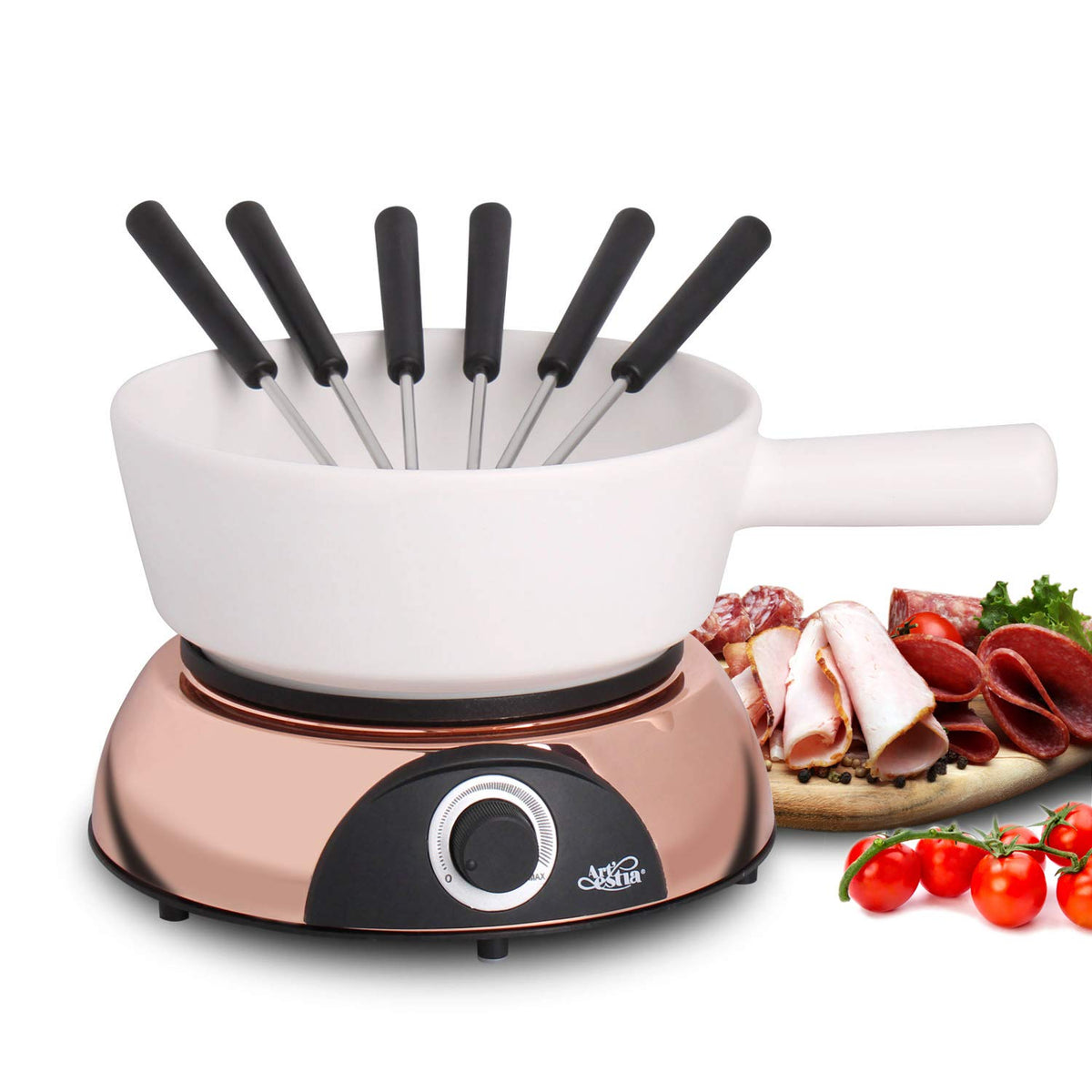 Artestia electric fondue pot 2qt with rose gold base for cheese and chocolate