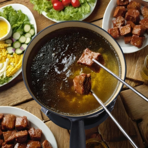 Artestia fondue burner and base provide steady heat for safe serving.