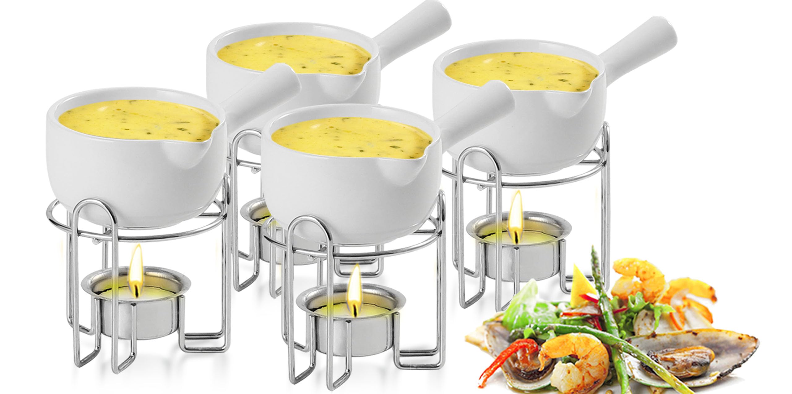Artestia butter warmer set with handles, ideal for seafood dipping and sauces.