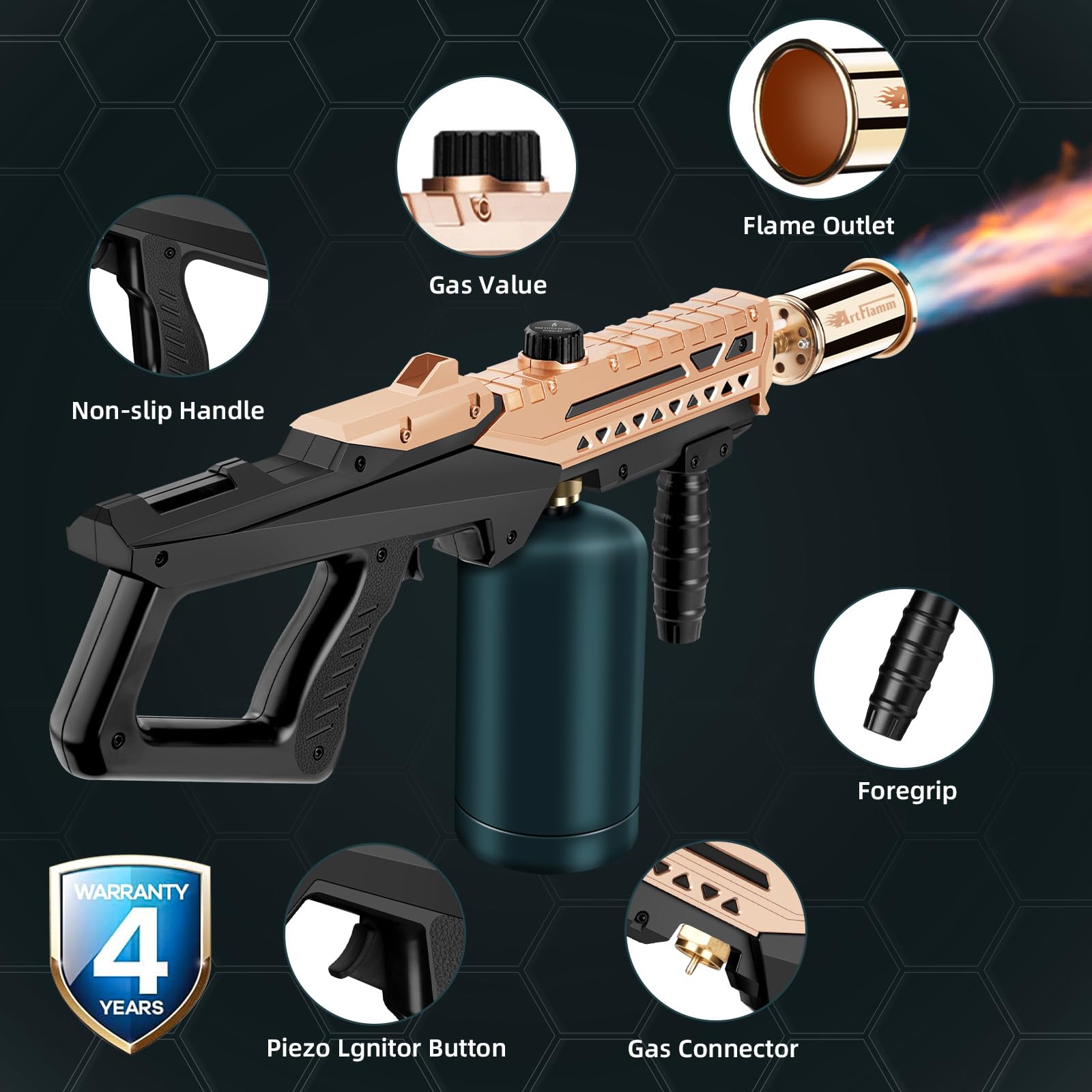 ARTFLAMM Flame Thrower Gun packaging and components illustrate easy readiness